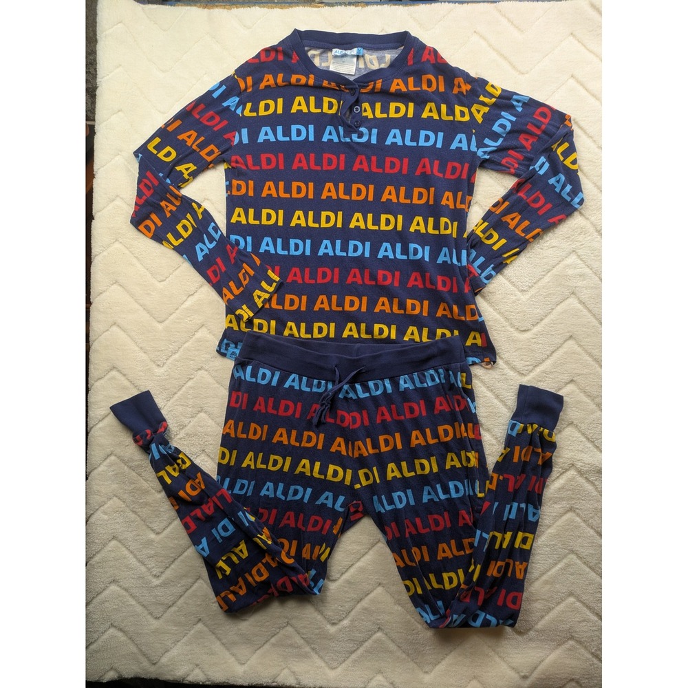 Aldi Gear Pajama Set Navy Blue Logo Print Henley Top and Jogger Pants Medium